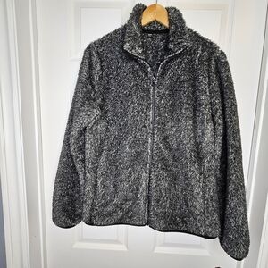 Uniqlo Women's Grey Black Full-Zip Fleece Teddy Jacket Cozy Size L